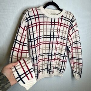 Essential Elements Womens Cream‎ Plaid Knit Sweater Crew Neck Long Sleeve Size S